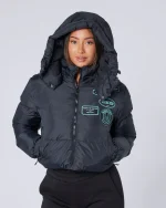 Womens Cropped Puffer Jacket Black Aqua (2)