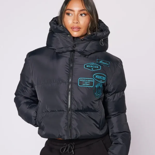 Womens Cropped Puffer Jacket Black Aqua