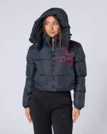Womens Cropped Puffer Jacket Black Pink (2)