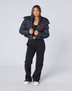 Womens Cropped Puffer Jacket Black Pink (3)