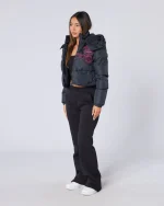 Womens Cropped Puffer Jacket Black Pink (5)