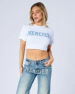 Womens Raw Edge Denim Baby Tee